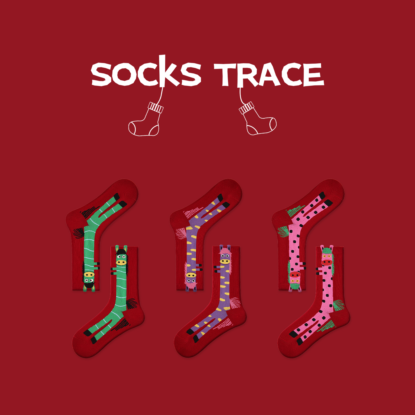 袜迹 SOCKS TRACE 「长条形马」圣诞系列秋冬季卡通棉袜中筒袜女