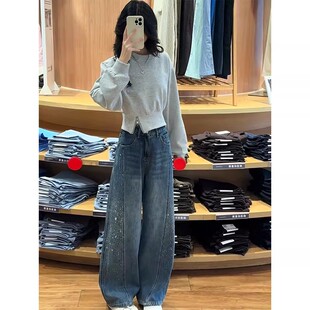 蓝色高腰重工烫钻弯刀牛仔裤女2026春季新款小个子显瘦阔腿裤子春