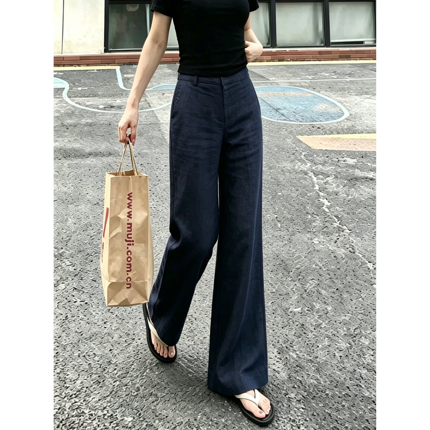 藏青色天丝亚麻阔腿裤子女薄款棉麻休闲裤小个子夏季防晒凉凉裤子