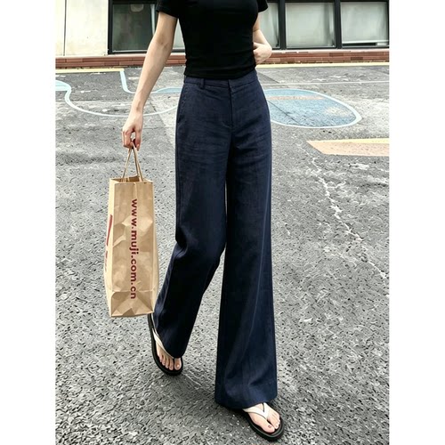 藏青天丝亚麻女夏薄款防晒阔腿裤