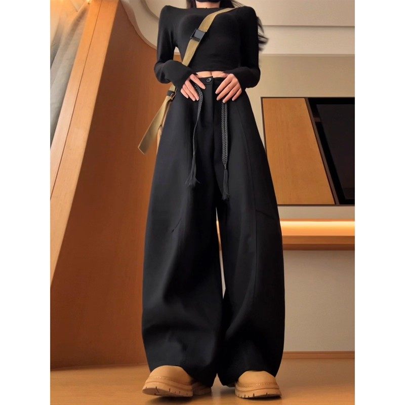 美式黑色慵懒风毛呢西装裤女2026春夏新款高腰宽松休闲直筒弯刀裤