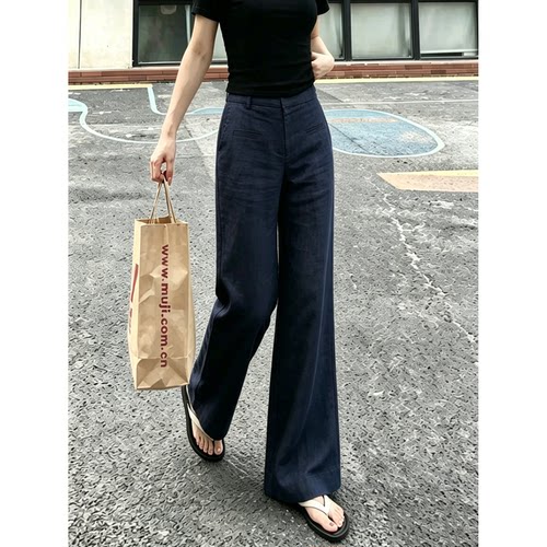 藏青天丝亚麻女夏薄款防晒阔腿裤