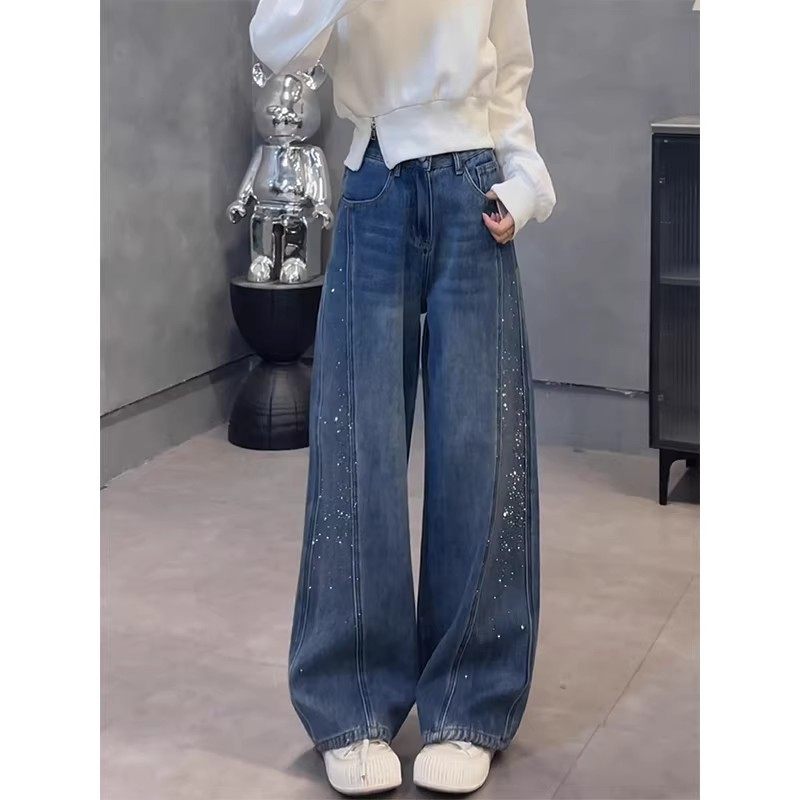 蓝色复古窄版烫钻弯刀牛仔裤女2026春秋新款设计感宽松显瘦阔腿裤,女装/女士精品,牛仔裤,淘宝优惠券,粉丝福利购,淘宝优惠卷