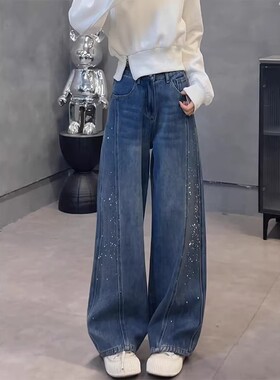 蓝色复古窄版烫钻弯刀牛仔裤女2026春秋新款设计感宽松显瘦阔腿裤