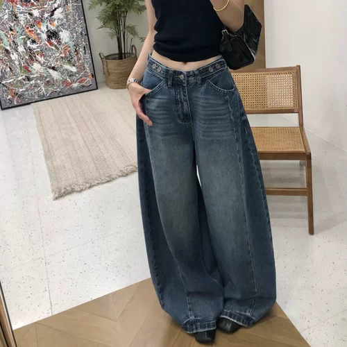 复古深蓝高腰显瘦阔腿牛仔裤女