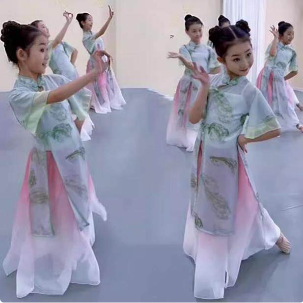 儿童古典舞演出服冠玉舞蹈服旗袍女童扇子舞中国舞纱衣古风表演服