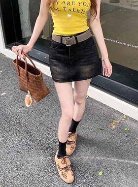 复古黑灰色牛仔半身裙女夏季新款小个子包臀短裙高腰显瘦百搭裙子