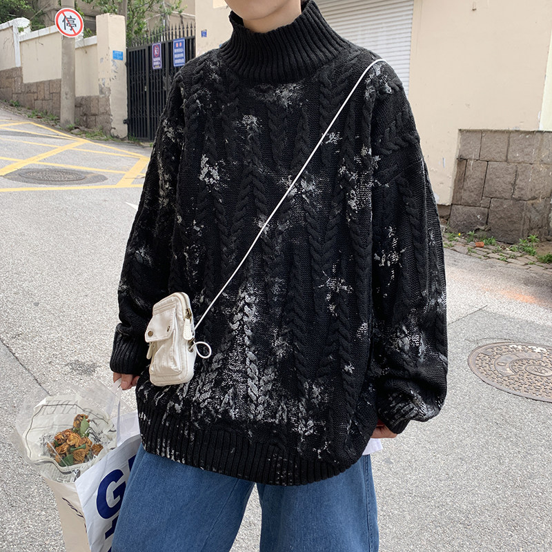 M2105-P75控982025秋冬季加厚粗针泼墨半高领毛衣针织衫,男装针织衫/毛衣,电商A036A