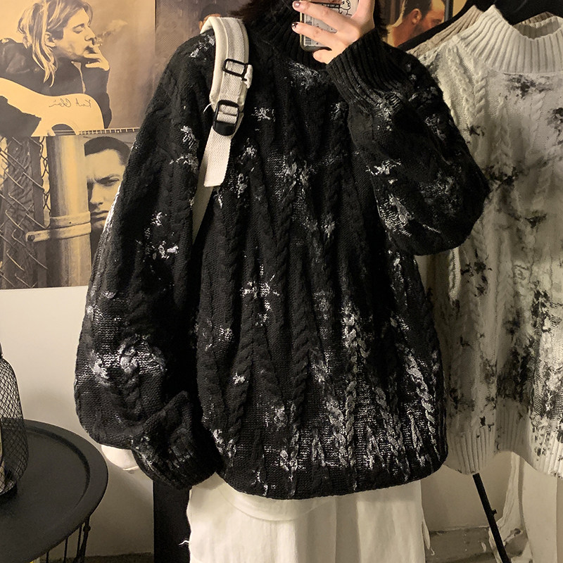 M2105-P75控982025秋冬季加厚粗针泼墨半高领毛衣针织衫,男装针织衫/毛衣,电商A036A