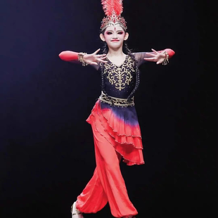 新疆舞蹈演出服铃铛少女维吾尔古丽维族舞蹈服女童少数民族练习裙