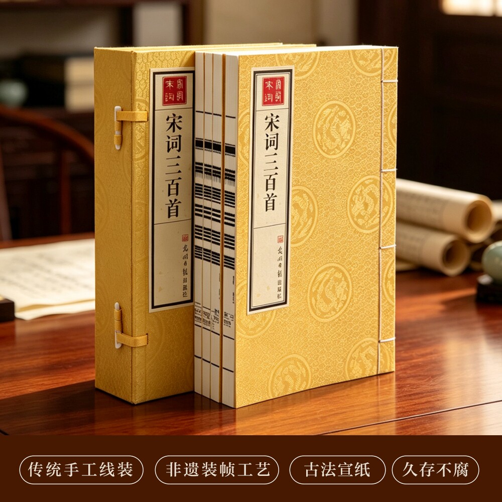 宋词三百首手工宣纸线装全套4卷 收录经典宋词名篇附带注释解析品读宋代词赋文学韵味国学经典古籍典藏读本 非遗传统线装装帧工艺