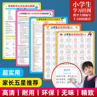 儿童学习挂图全5张 小学生必背古诗词大全80首人教版幼儿早教挂图学习识字神器墙贴近义词反义词分类成语大全挂图一至六年级知识点