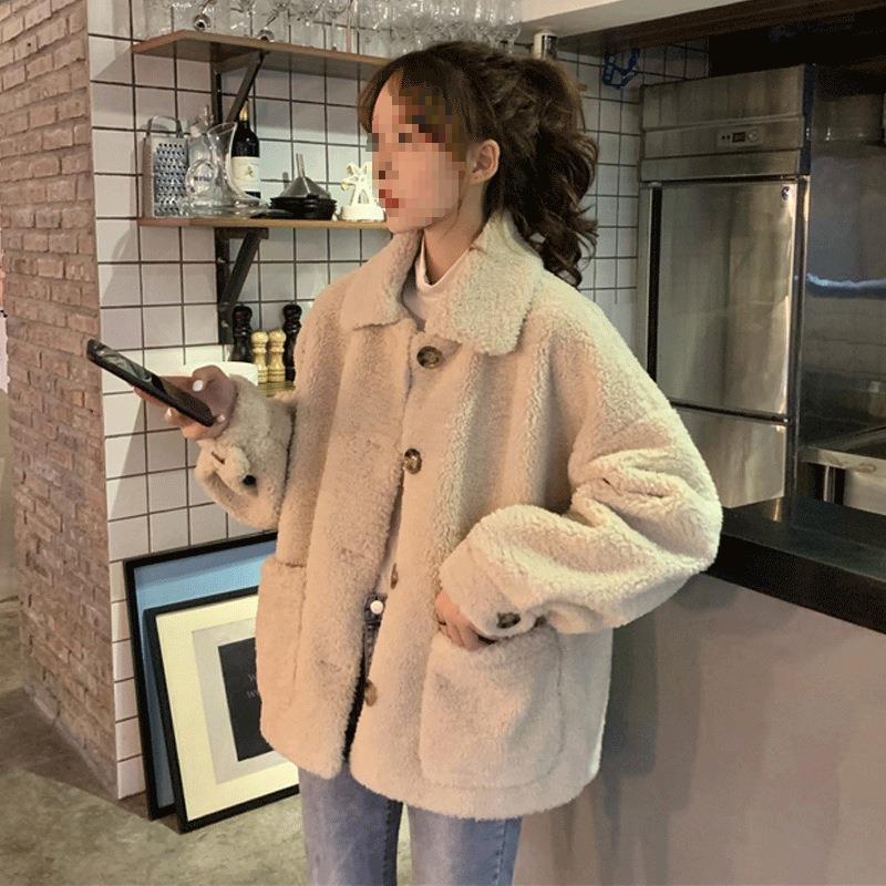 仿羊羔毛外套棉服女潮ins港风宽松百搭小个子加绒加厚单排扣外套