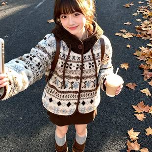 巨好看费尔岛羊羔毛连帽外套女2025深冬复古加厚摇粒绒小个子棉服