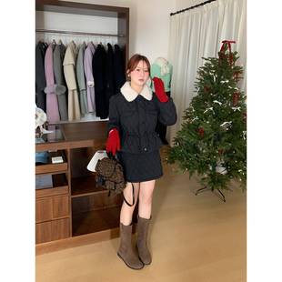 山山屿你【韩女套装】微胖韩系大码菱格翻领棉服外套+半裙两件套