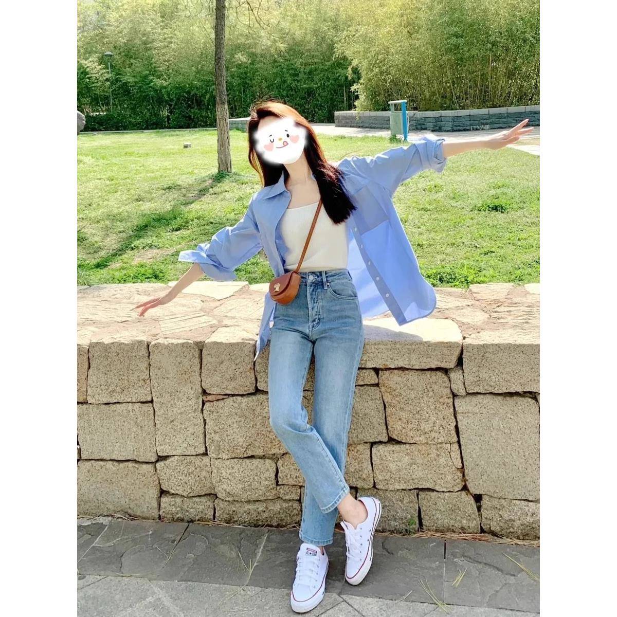 浅蓝色直筒牛仔裤女2025夏季薄款新款法棍小个子女士春秋烟管裤子