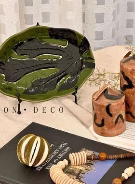 创意中古风绿色陶瓷碟手工雕刻板艺术摆件样板间家居玄关软装饰品