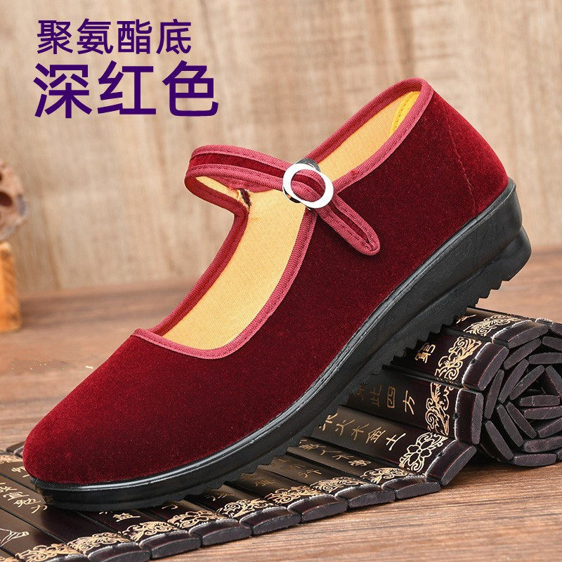 聚氨酯底老北京布鞋女单鞋轻便柔软红色平底舞蹈鞋黑色舒适工作鞋