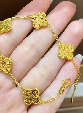 四叶草碎冰冰手链 女纯银镀18K黄金色双面镭射爆闪手环手饰时尚潮