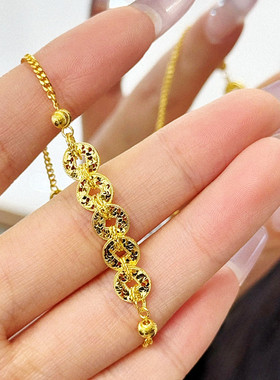 碎冰冰五帝钱币手链 女纯银镀18K黄金色爆闪金币铜钱手饰国风高级