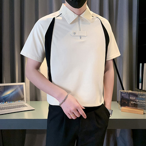 男士高级感翻领T恤短袖POLO衫休闲痞帅拼色设计感上衣 PL08-P58图片