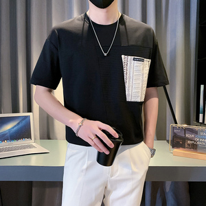美式夏季薄款拼接短袖男士高端气质宽松半袖2024新款上衣TX08-P48图片