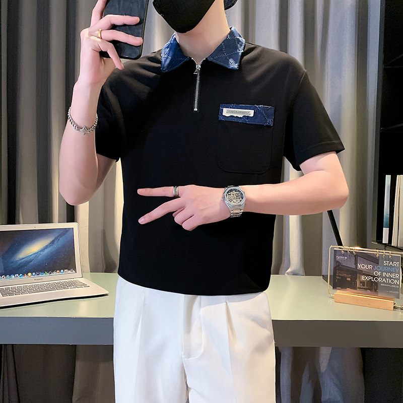 高端潮牌牛仔拼接短袖POLO衫夏季新款时尚翻领半拉链T恤PL06-P58,男装Polo衫,电商D323（原B261）