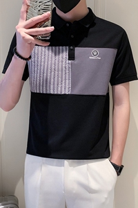 夏季时尚休闲拼接条纹翻领短袖T恤个性百搭ins男POLO衫 PL10-P55图片