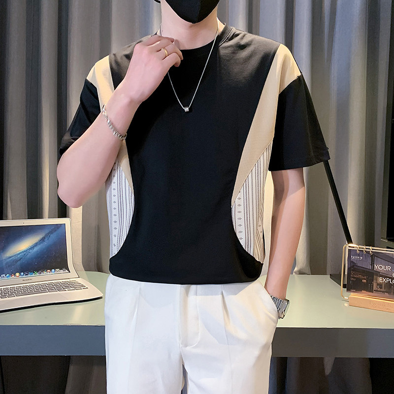 高级感拼接短袖男夏季潮牌痞帅体恤衣服2024新款半袖上衣TX16-P48,男装T恤,电商D323（原B261）