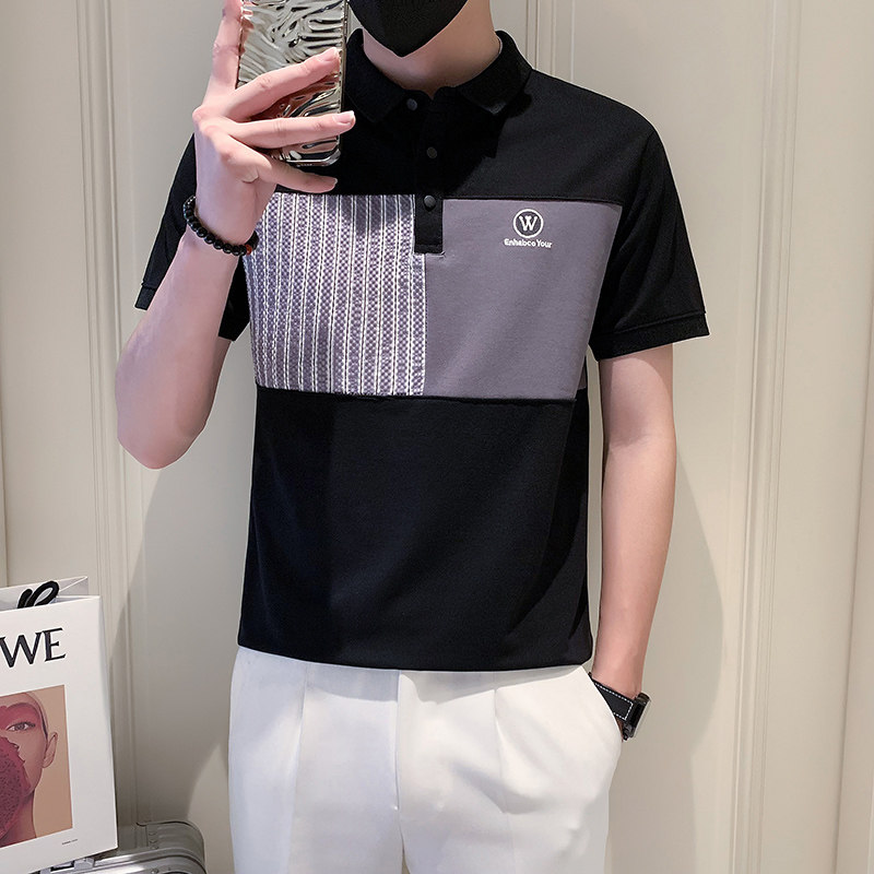 夏季时尚休闲拼接条纹翻领短袖T恤个性百搭ins男POLO衫 PL10-P55图片