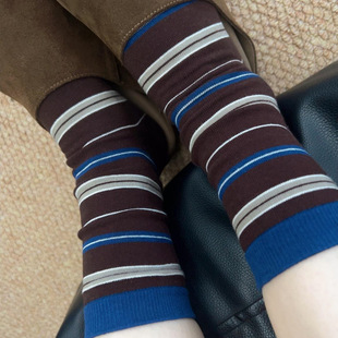 新疆棉袜子女春秋无骨条纹中筒袜可露丽撞色堆堆袜韩国东大门棉袜