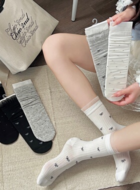 白色堆堆袜女士纯棉夏季薄款蝴蝶结中筒袜日系JK圆点蕾丝花边长袜