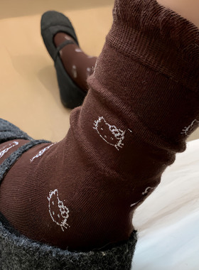 白色袜子女秋冬季纯棉无骨KT猫中筒袜日系花边堆堆袜卡通可爱长袜