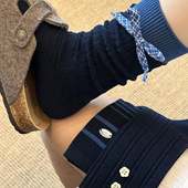 蝴蝶结袜子女藏青色纯棉堆堆袜无骨条纹珍珠饰品长袜日系格子花边
