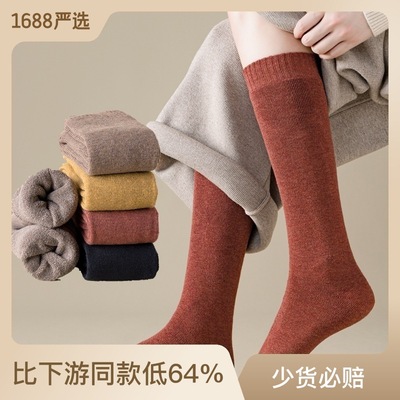 袜子女秋冬季加绒加厚毛圈小腿袜子保暖抗寒及膝拉毛纯色筒