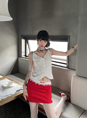 美式复古辣妹蕾丝刺绣红色半身裙裤打底裤百搭显瘦修身拼接短裙