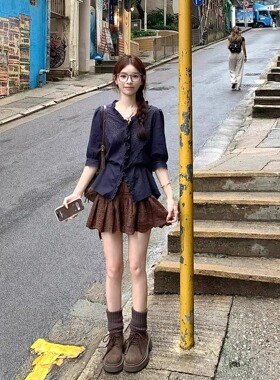 法式辣妹高腰洞洞设计半身裙女咖色气质百搭小众复古拼接花边短裙