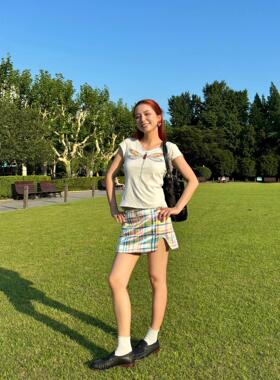 彩色格纹高腰半身裙女夏日新款多巴胺配色开叉设计小众低腰短裙
