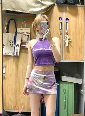 辣妹紫色韵味花卉印花气质包臀短裙夏日度假设计感小众别致半身裙