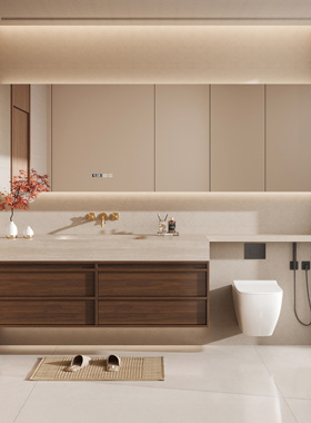 浴室柜定制岩板无缝陶瓷热弯一体盆中古风卫生间洗漱台洗手台面盆