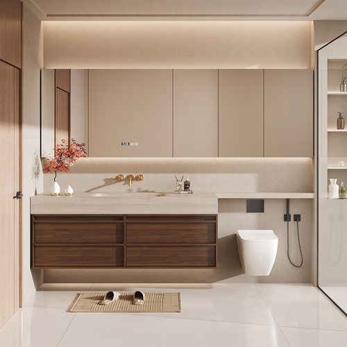 浴室柜定制岩板无缝陶瓷热弯一体盆中古风卫生间洗漱台洗手台面盆