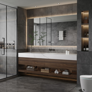 意式 轻奢岩板无缝陶瓷一体盆浴室柜洗手台洗手盆柜组合卫浴柜