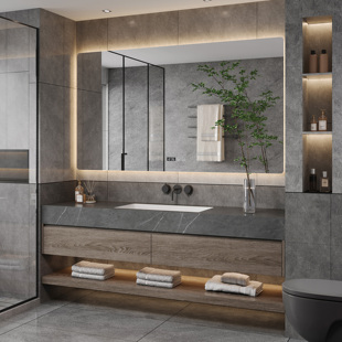 意式 轻奢岩板陶瓷一体盆浴室柜洗手盆柜组合卫生间洗脸洗漱台卫浴