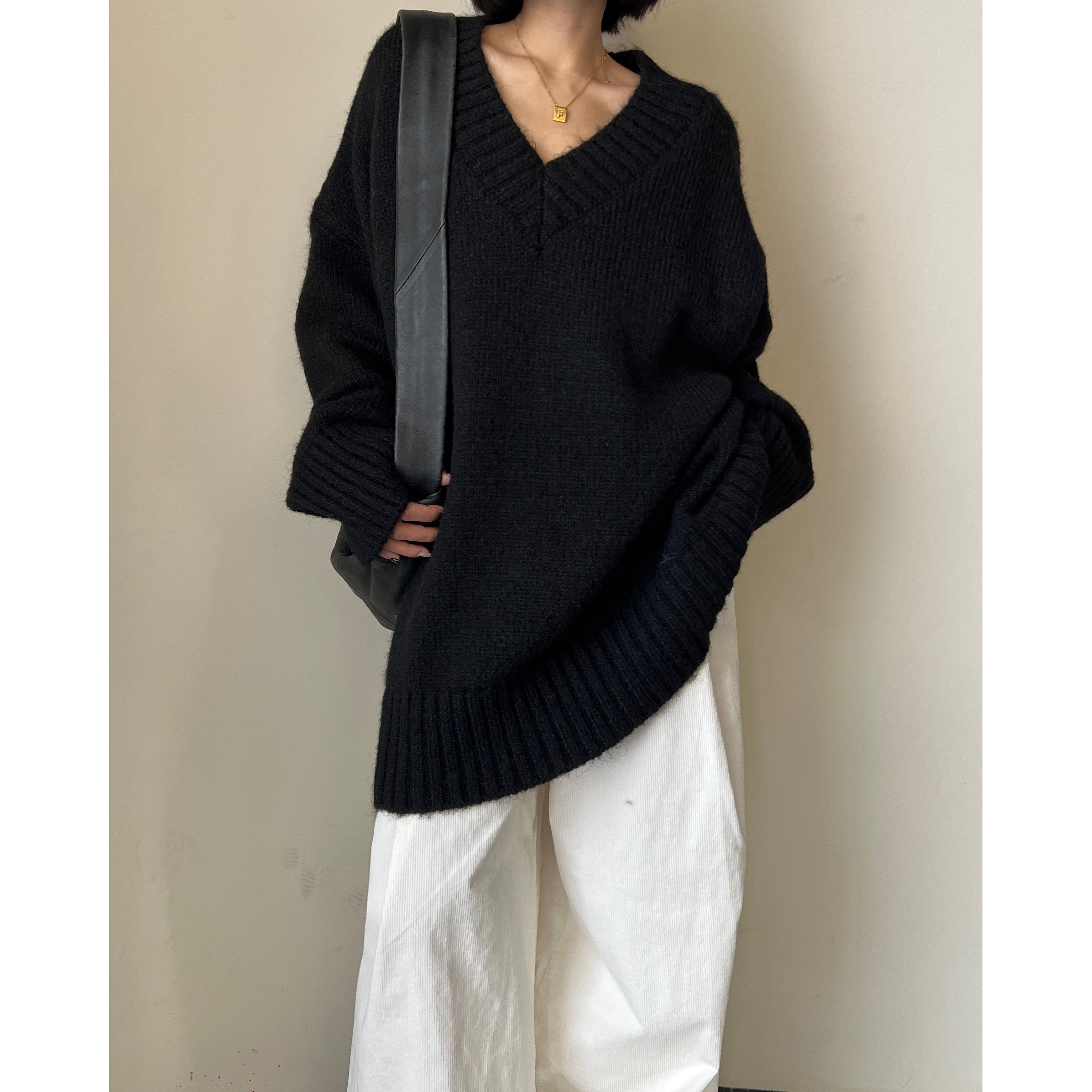 V领设计针织毛衣拖延症慵懒风