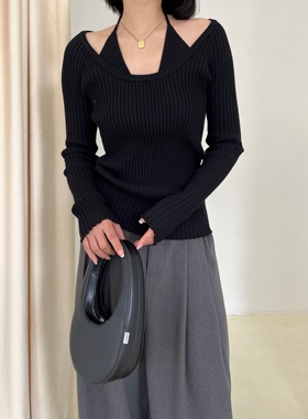 拖延症 / 黑色v领针织衫 设计感小众挂脖上衣修身打底衫
