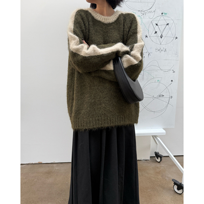 拖延症 / 橄榄绿拼色羊毛混纺套头毛衣 慵懒圆领上衣