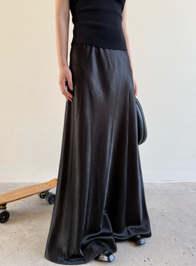 拖延症 / 高级绸缎拼接蕾丝半身裙 气质显瘦长裙黑色伞裙