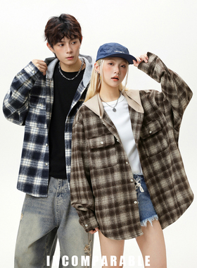 【IN】美式复古格纹假两件拼接连帽衬衫夹克男慵懒风情侣卫衣外套