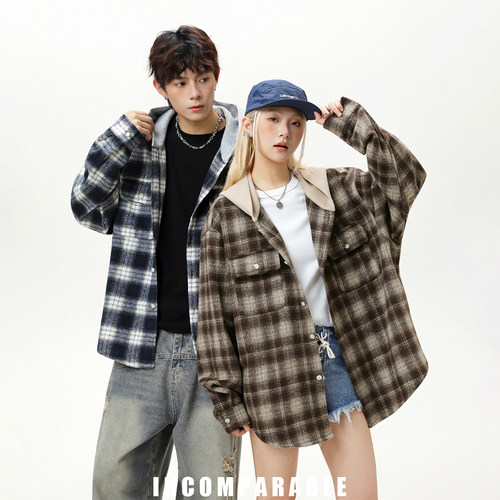 美式复古格纹假两件拼接连帽衬衫