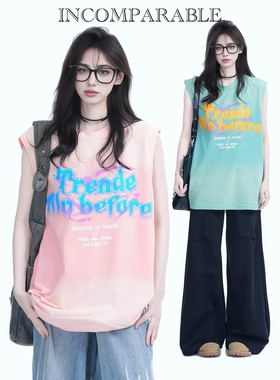 LB｜美式复古夏季多巴胺渐变扎染印花无袖T恤男女设计感宽松背心